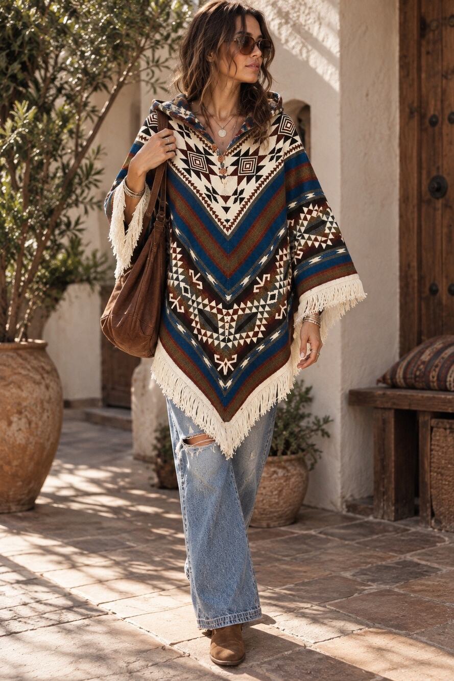 Southwestern Geometric Hooded Blanket Poncho Fringe Cape Boho Western S/M